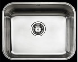 Intra Juvel Barents enkelt køkkenvask i poleret rustfrit stål, set ovenfra med strainer og overløb synlige.