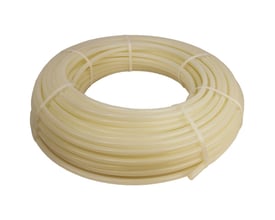 Wavin Pro5 PE-RT rør til gulvvarme, 20x2,3 mm og 240 meter lang, vist som en lys beige spole på hvid baggrund.