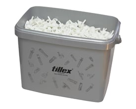 Tillex Plugs Clips Dobbel PC-D i hvid, 800 stk i en grå plastspand med diverse værktøjsillustrationer.