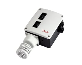 Danfoss RT103 termostat i hvid og sort farve, viser tydeligt rumføleren og reguleringsskalaen på produktet.