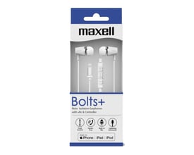Maxell Bolts+ in-ear høretelefoner i hvid emballage med Lightning-stik, mikrofon og controller vist tydeligt.