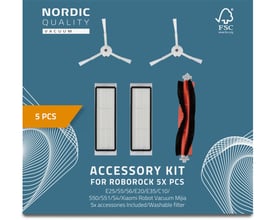 Nordic Quality reservedelssæt med 5 stk. til Roborock robotstøvsugere, viser hovedbørste, 2 sidebørster og 2 filtre på blå baggrund.