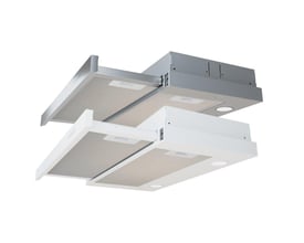 Viser to Exhausto ESL235WER emhætter, en i hvid og en i stål, side om side for sammenligning.