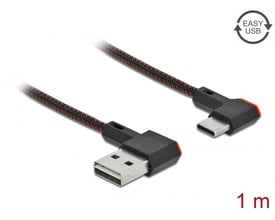 Delock Easy-USB 2.0 kabel, 1 meter, med vinklet venstre/højre USB-A og USB-C stik i sort og rød flettet beklædning.