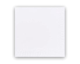 Duni 2-lags servietter i hvid, 33 cm, vist fladt med en diskret mønstret kant på alle fire sider.