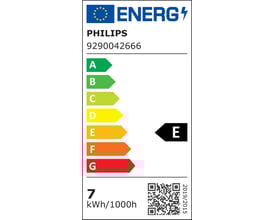Energimærkat for Philips CorePro LED pære med energiklasse E, 7 kWh/1000h og QR-kode.