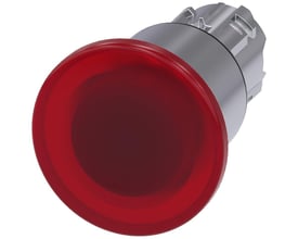 Siemens 22mm paddehattrykknap i skinnende rød metal med 40mm aktuator-diameter, vist på hvid baggrund.