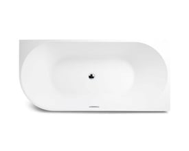 Mat hvidt Back To Wall badekar i akryl med højre model, set ovenfra, med krom pop-up bundventil og overløb i midten af karret.