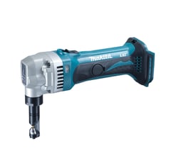 Makita 18V LXT akku pladenipler DJN161Z, med slank ergonomisk form i blå og sort, egnet til 1,6 mm stål.