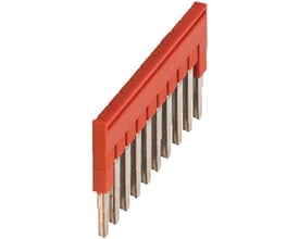 Schneider Electric 10-polet laske til fjederklemme, rød, til 2,5 mm² ledere, viser den røde plastisolering og metalbenene.
