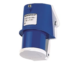 Mennekes CEE udvendigt vægindtag 16A 3P 230V 6H IP44 på flange med dæksel, i blå og hvid plast.