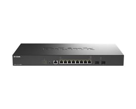 D-Link DXS-1210-10MP/E PoE++-switch med otte netværksporte og to SFP+-porte, set forfra og ovenfra.