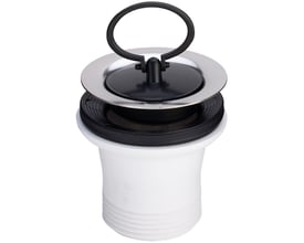 Viega afløb til køkkenvask med sort gummibundprop og løftehåndtag, fremstillet af rustfrit stål og hvid plast.