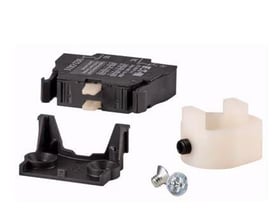 Eaton hjælpekontakt AUX1NO+1NC-BOX3 med 1 N/O + 1 N/C kontakter, 6 A, 230 V AC og tilbehør som monteringsbeslag og skruer.