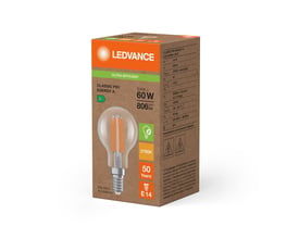 Pakke med Ledvance LED kronepære, viser energiklasse A, 3,8W, 806 lm og E14-fatning på dansk emballage.