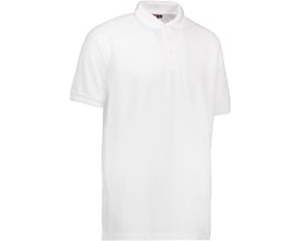 ID Identity klassisk poloshirt i hvid, størrelse S, med krave og tre knapper. Tøjet er fremstillet i slidstærkt materiale.