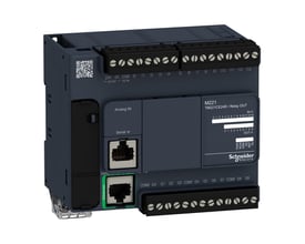 Schneider Electric Modicon M221 PLC med Ethernet og serie porte, viser tydeligt mærkning af digitale ind- og udgange.