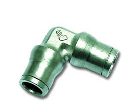 Legris vinkel fitting fra Parker Hannifin med 12mm diameter, fremstillet af kemisk forniklet messing med synlige mærker.