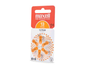 Maxell PR48 (13) orange høreapparatbatterier, pakke med 6 stk., visende seks orange batterier i blisterpakning.