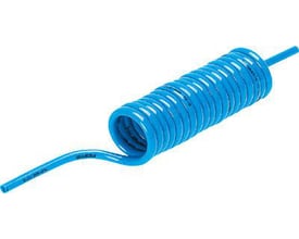 Festo spiralslange PUN 10X1,5 S 2 i blå polyurethanmateriale med synlig produktinformation på den udrullede ende.