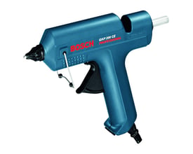 Blå Bosch GKP 200 CE limpistol fylder billedet, set skråt fra siden med sort dyse og limstang.