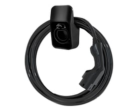 Deltaco E-Charge holder til type 2 stik og kabel i sort plast, viser hvordan kabel og stik kan organiseres ved ladestationen.
