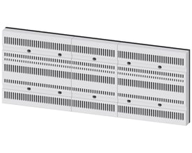 Siemens 8US2-basesystem til busbars med kapacitet på 250 A og bredde på 400 mm, vist som en lang, hvid enhed med rækker af åbninger.