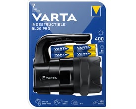 Varta Indestructible BL20 Pro lygte, der ligger på en blå baggrund med overskrifterne Varta og Indestructible BL20 Pro.