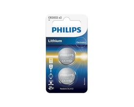 Philips CR2032 lithium knapcellebatteri i 2-pak, der viser to batterier på et blåt, abstrakt baggrund.