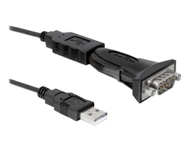 Delock sort USB 2.0-adapter med Type-A-hanstik og DB9-hanstik til RS-232, vist med begge stik.