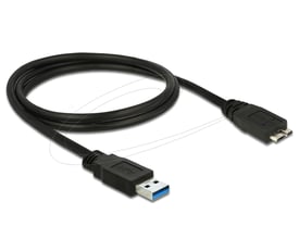 Sort DeLock USB-kabel på 1 meter, oprullet med Type-A-hanstik og Type Micro-B-hanstik, der understøtter 5 Gbps.