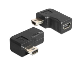 Sort DeLOCK USB-mini B-adapter med 5-pin hanstik og hunstik, vinklet 90°, vist fra to vinkler.
