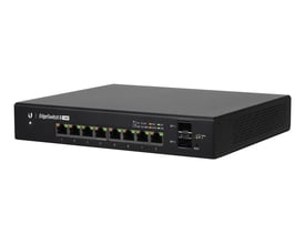 Sort Ubiquiti EdgeSwitch 8-switch med otte Gigabit Ethernet-porte og to SFP-porte, set skråt forfra.