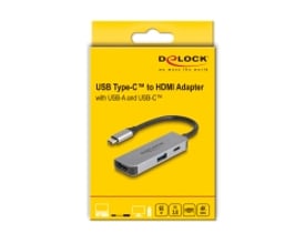 Emballagen til DeLock USB-C-adapteren til HDMI viser adapteren med USB-A og USB-C PD.