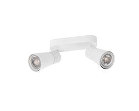 Detaljebillede af PURI CW loftlampen fra SLV, der viser de to hvide spots med GU10 fatninger og en klar lyskilde.