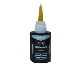 Kema Kemlock AT-77 rørtætning i medium styrke, 50 ml flaske med gul applikator og indhold synligt.