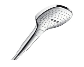 Hansgrohe Raindance Select E 120 håndbruser i krom med 120 mm diameter og tre stråletyper, vist på hvid baggrund.