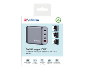 Verbatim GNC-100 GaN oplader 100W i sort på en hvid baggrund med ikoner for opladningsfunktioner og tilbehør.