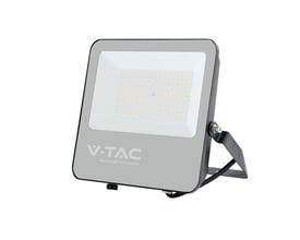 V-TAC 100W LED projektør i sort aluminium med justerbart monteringsstativ, vist med tændte lysdioder.