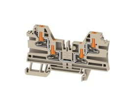 Gennemgangsklemme i beige, vist fra siden, med fokus på de 4 PUSH IN tilslutninger og dens dimensioner.