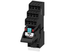 Siemens PT5 stikbensrelæ med 4CO, 230V AC og rød LED, viser push-in klemmer og mærkat med "LZX:PT570615".