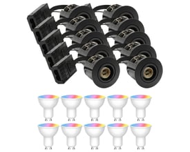 LEDlife Inno88 sorte WiFi-indbygningsspots med GU10 Smart Home-pærer, der viser farvet RGB-lys.