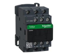 Schneider Electric TeSys D kontaktor LC1 D09, 3-polet med 9A og 24VAC styring, fremhæver NO/NC kontakter.
