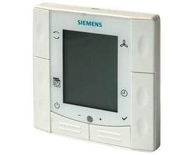 Siemens RDF600T rumregulator med LCD display og knapper til temperaturregulering, ventilatortrin og urfunktion.