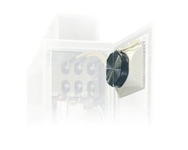 Schneider Electric ventilator monteret på dør til frekvensomformer kapsling med synlige kabler og komponenter indeni.