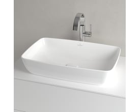 Detaljebillede af Villeroy & Boch Artis firkantet vask i hvid porcelæn, viser den rene overflade og integrerede afløb.