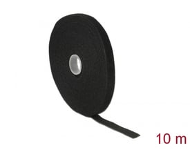 Sort DeLock-burrebånd på rulle med en løs ende synlig, 10 meter langt og 13 mm bredt.