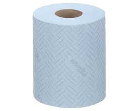 Kimberly-Clark Wypall L10 mini håndklæderulle i lyseblå med 1-lags papir og et mønster af overlappende linjer.