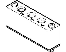Festo forsyningsplade VABF-L1-10A-P3A4-M5, vist i en isometrisk tegning med nummererede porte og skruehuller.