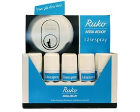 Assa Abloy-display med 10 stk. Ruko låsespray i blå og hvid salgsemballage, set forfra.